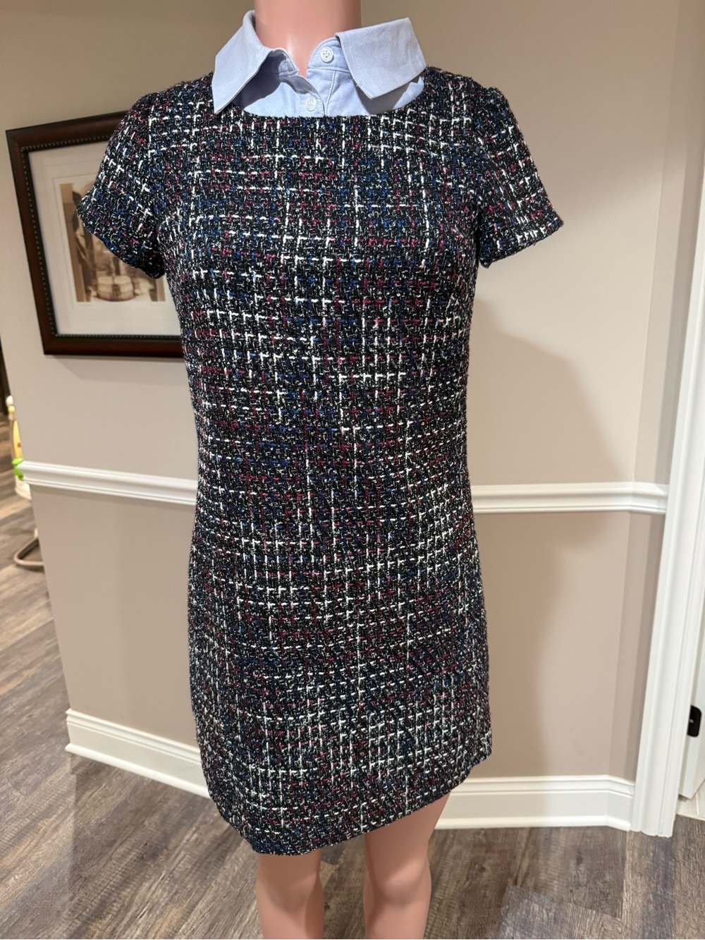 1901 Multi-Color Tweed Shift Dress with Navy Base